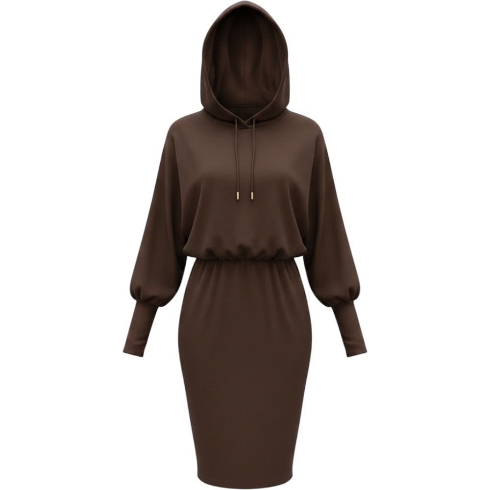 Shein Brown Hoodie Midi Dress XL 12 Long Sleeve Batwing Bodycon Streetwear NWOT
